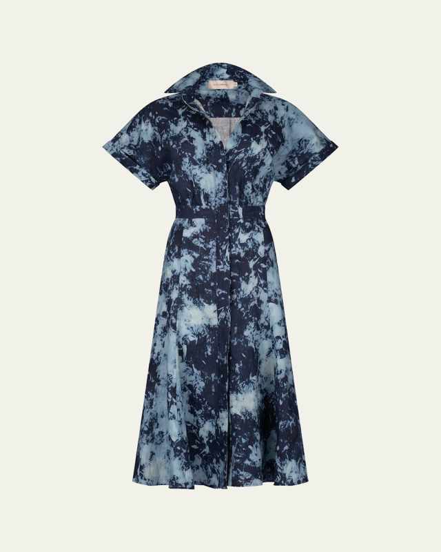 Noor Tie-Dye Linen Short-Sleeve Midi Shirtdress